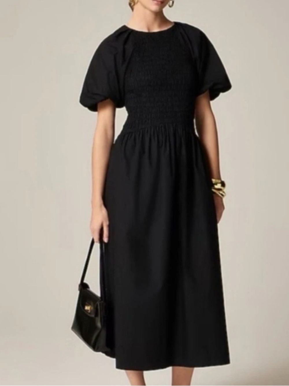 J. Crew Meadow Cotton Poplin Smocked Bodice Puff Sleeve Dress Black M $158 CI641